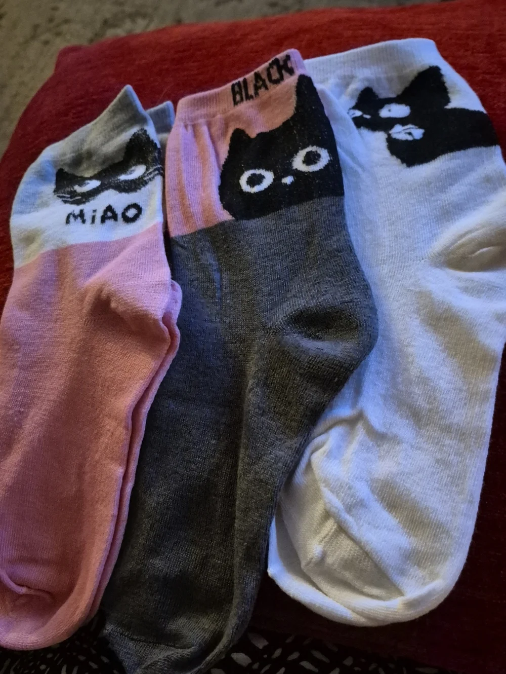 Girls' Cat Ankle Socks - Pink, Gray & White